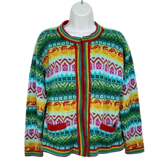 Colorful Geometric Knit Zip Up Cardigan Sweater Multicolor Rainbow Boho Small XS - Picture 1 of 7